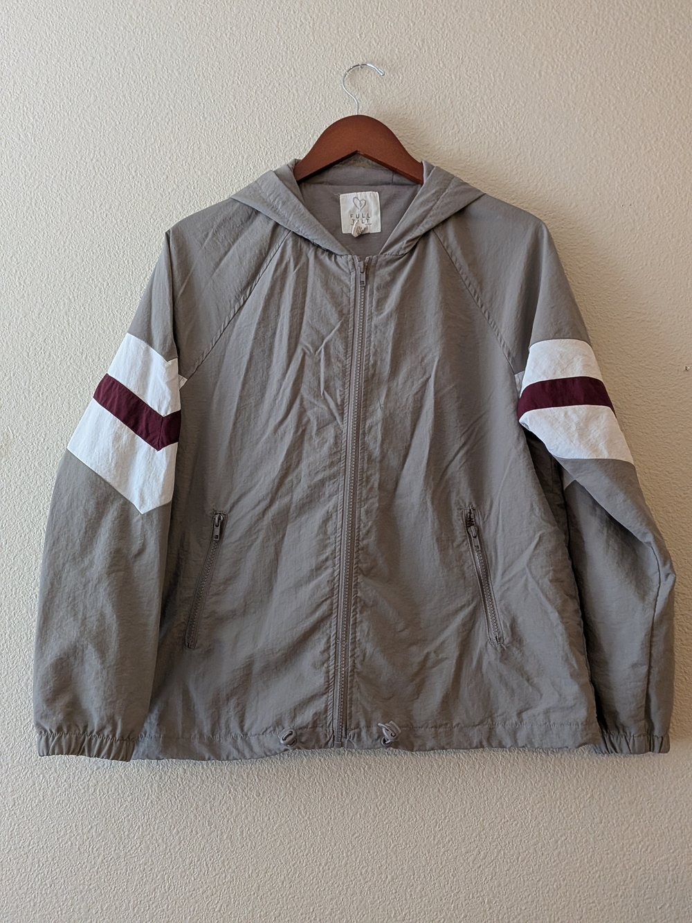 Full Tilt Gray Hooded Windbreaker with White and Maroon Stripes